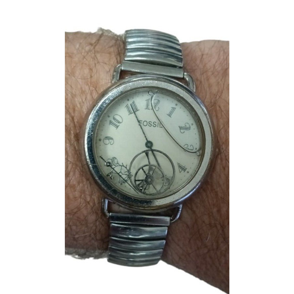 Fossil Men‎ Watch Silver Stainless Steel Black Leather Battery WR White Quartz - Picture 5 of 13